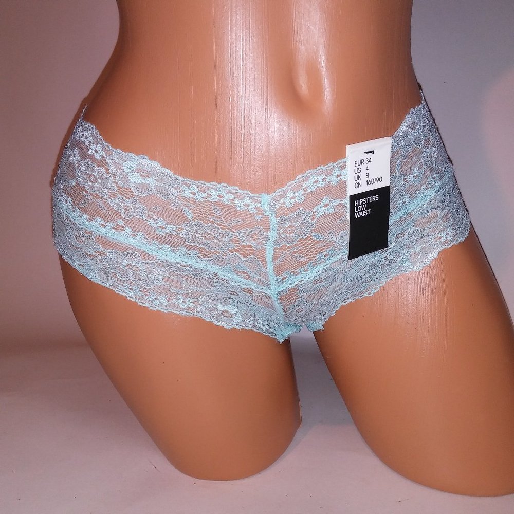 H&M Panty Size 4 Hipster Low Waist Light Blue Allover Lace New